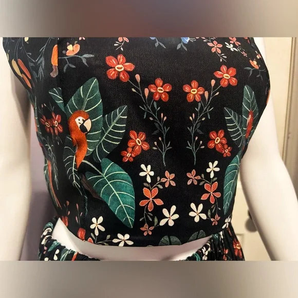 Coramoon Sz M Black Mystical Tropical Fern Print Cropped Top And Skirt Set Boho - Picture 3 of 7